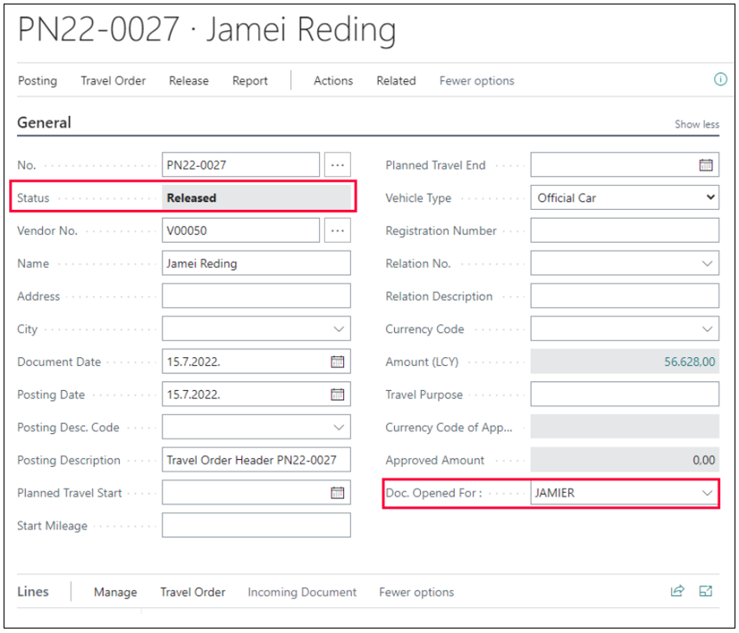 Travel Order Header