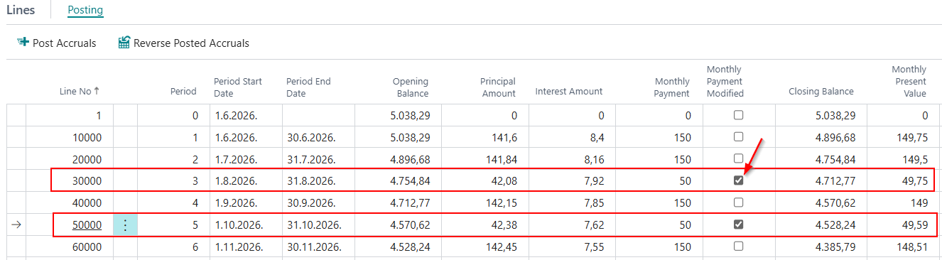 Payment schedule with a reduced monthly installment showing the reduced amount in the Monthly Payment field and Monthly Payment Modified selected