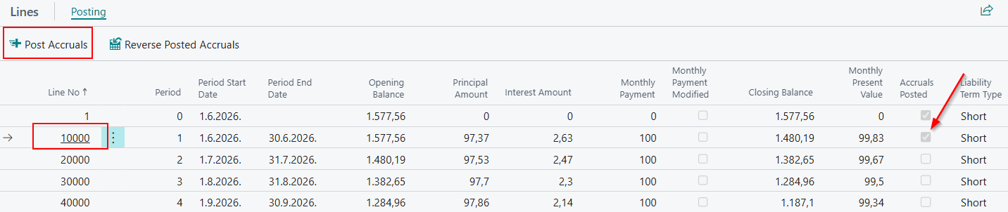 Payment schedule after posting the first installment, showing an installment transferred from long-term to short-term liability with 12 short-term installments