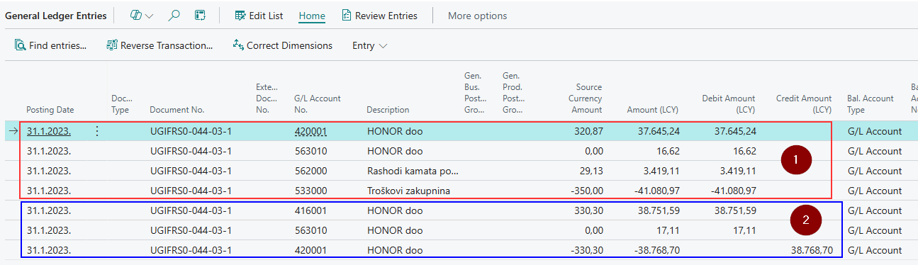 General Ledger entries showing the exchange rate differences included in the installment posting