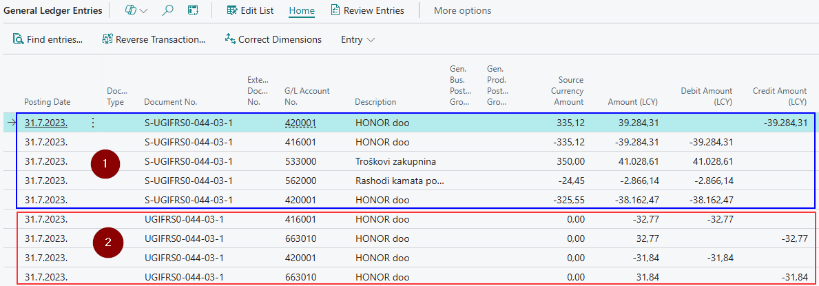 General Ledger entries showing reversal of the exchange rate differences