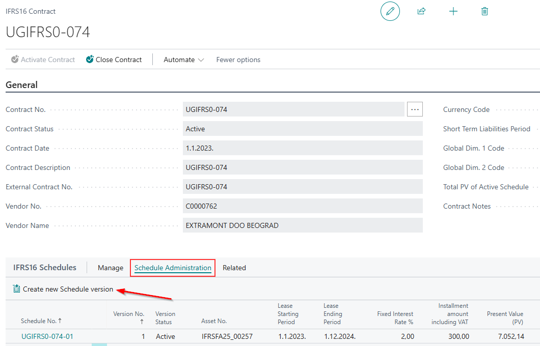 Create New Schedule Version action with the deactivate-and-create confirmation prompt