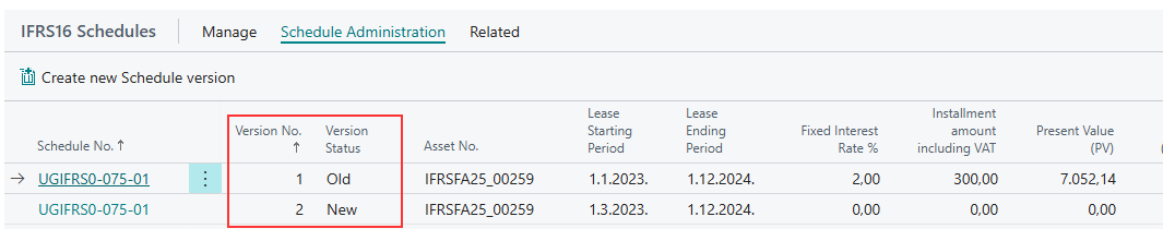 Previous payment schedule version now shown with the Old status