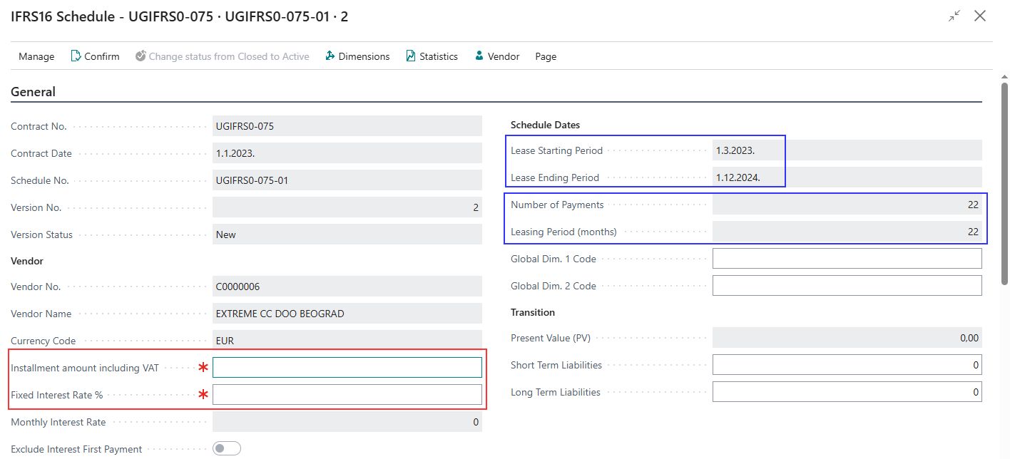 New payment schedule header with only the Instalment Amount Incl. VAT and Fixed Interest Rate % fields editable