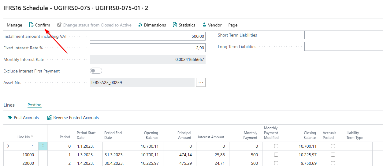 G/L entries after confirmation showing reversed previous installments and new entries with the DE document prefix