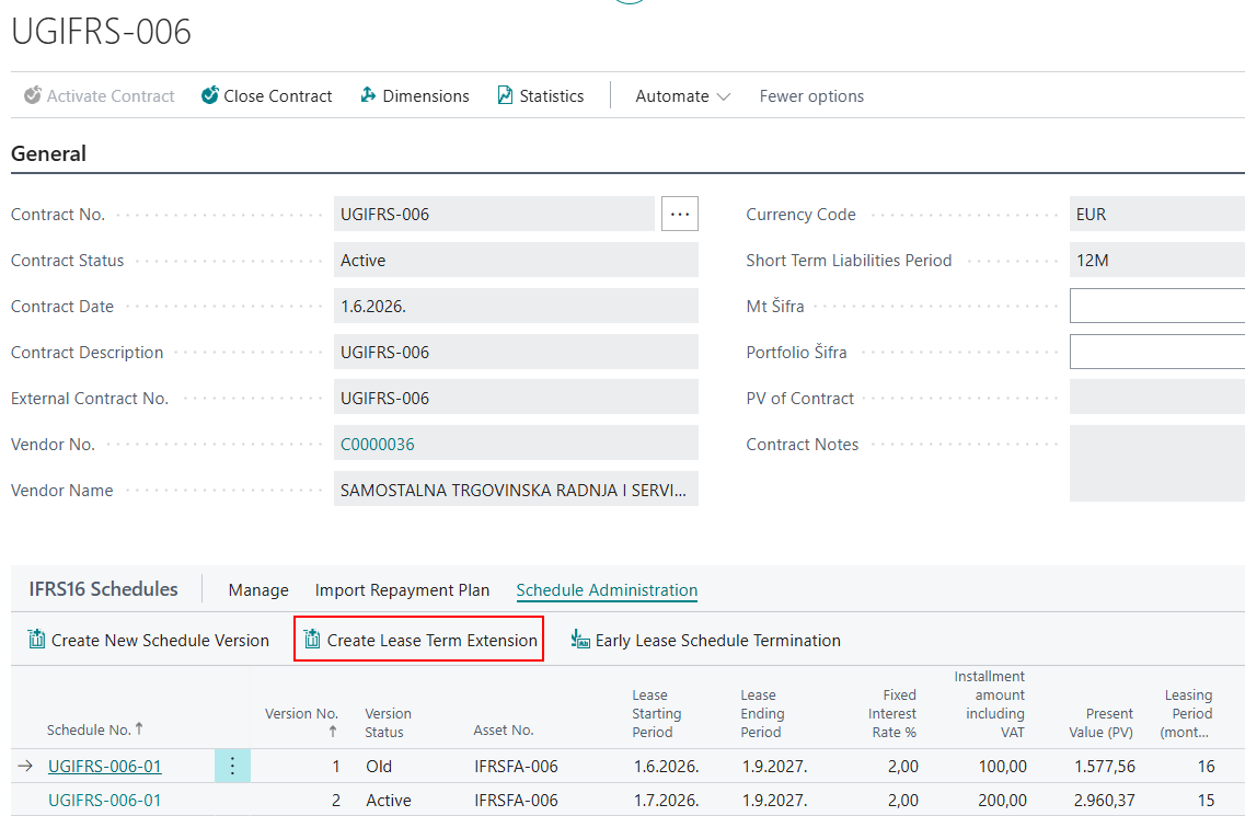 Create Lease Term Extension action selected on the contract