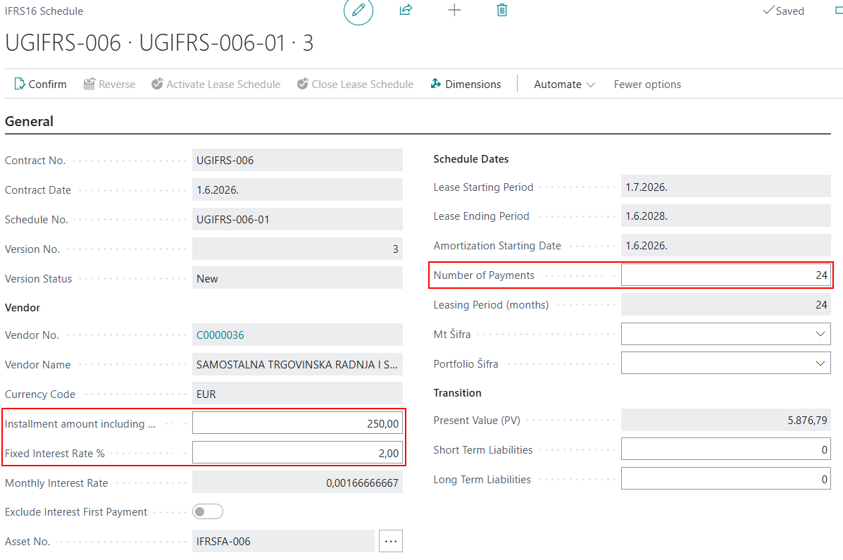 Contract lines showing both payment schedule versions, the previous one Old and the extended one New