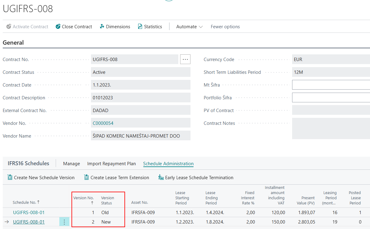 Extended payment schedule version changing to Active status after confirmation