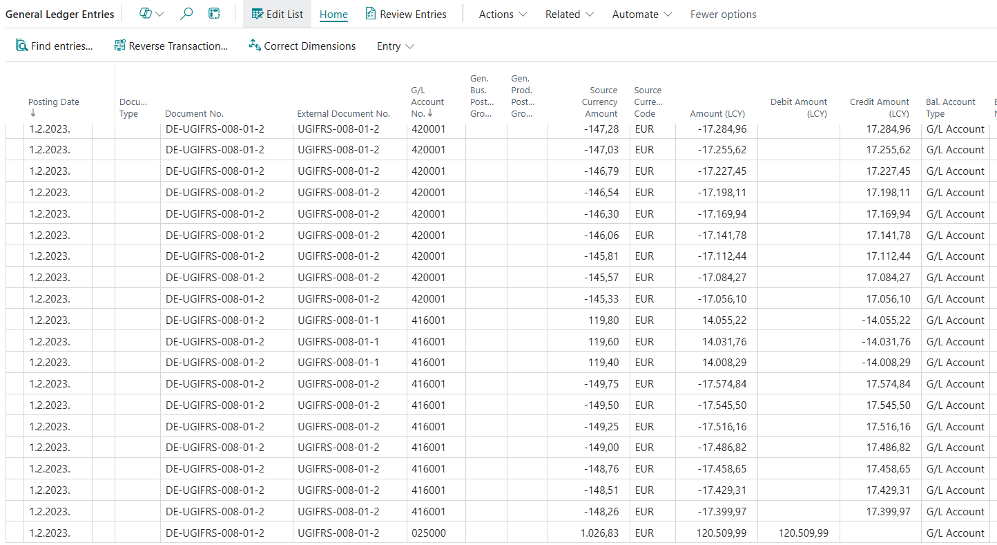 G/L entries posted after confirming the lease term extension