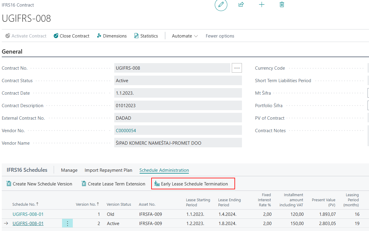 Contract Termination Date entry page opened after confirming the early termination