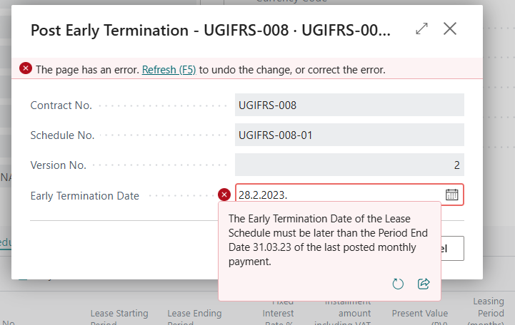 Payment schedule with the Terminated status after the early termination is posted