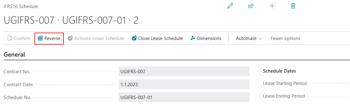 Reverse action selected in the payment schedule header