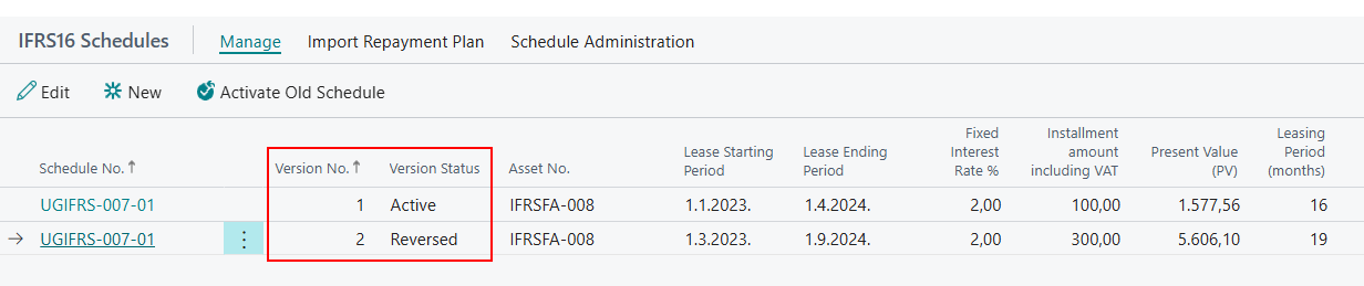 Contract lines showing the reversed schedule with status Reversed while the previous schedule returns to Active
