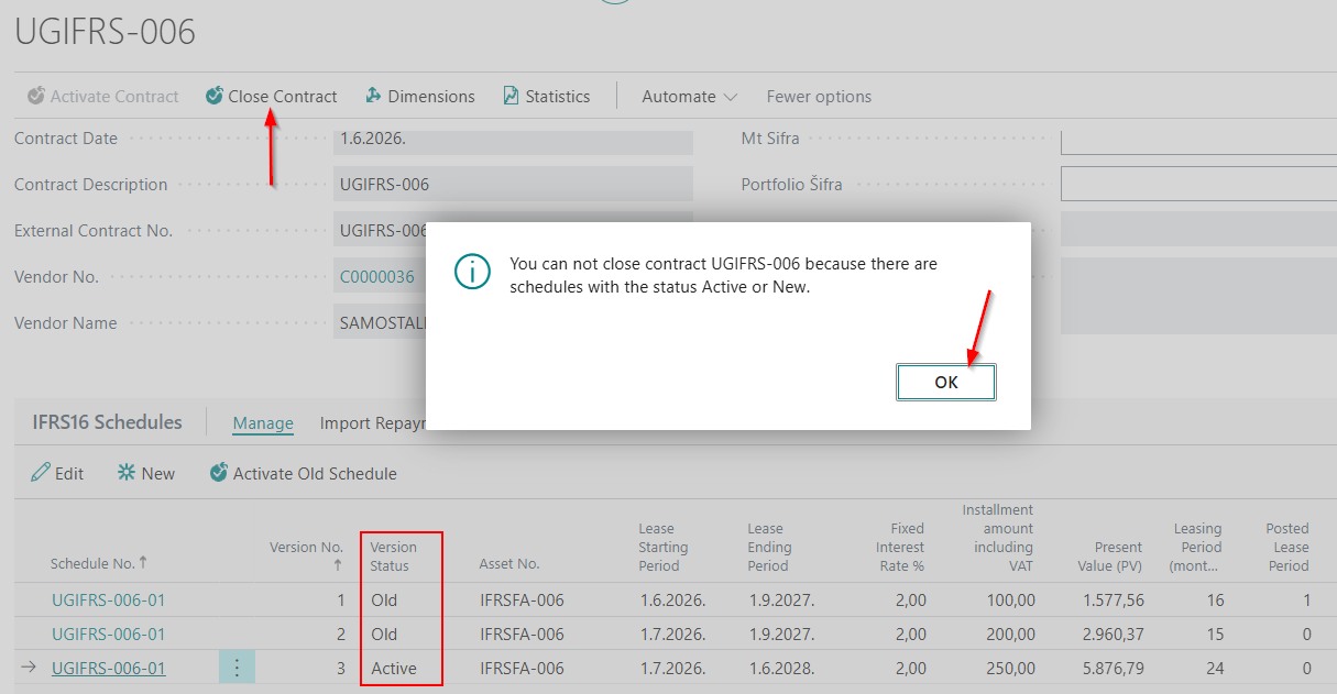 Error message shown when closing a contract that still has a non-Closed payment schedule