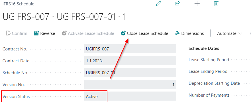 Payment schedule header with the Activate Lease Schedule and Close Lease Schedule actions