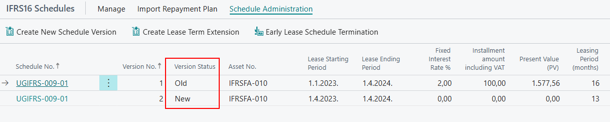 Payment schedule with the status New that can be deleted