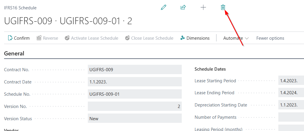Delete icon above the payment schedule header with the delete confirmation prompt