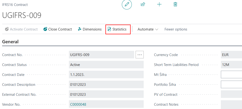 Contract statistics page showing present value, long-term and short-term lease liabilities, and posted lease expense and interest amounts
