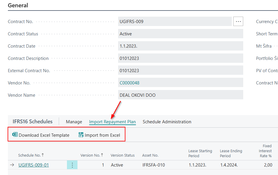 Import from Excel action on the payment schedule ribbon