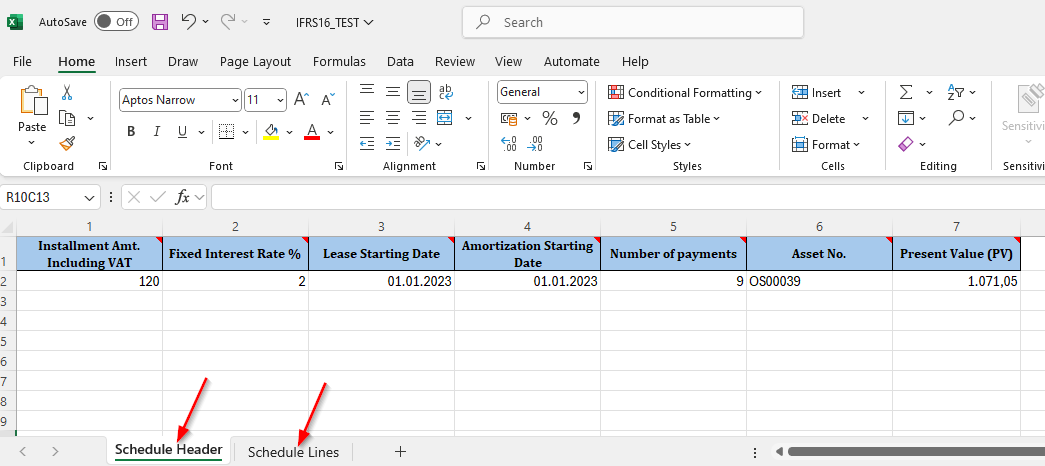Header worksheet of the Excel template