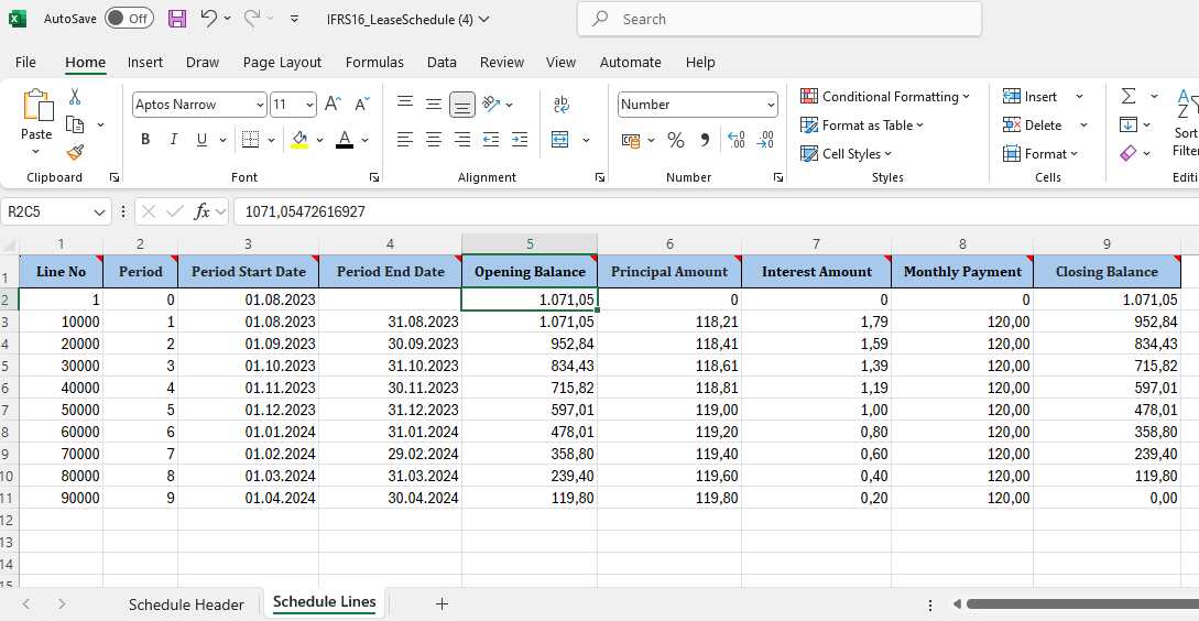 Lines worksheet of the Excel template