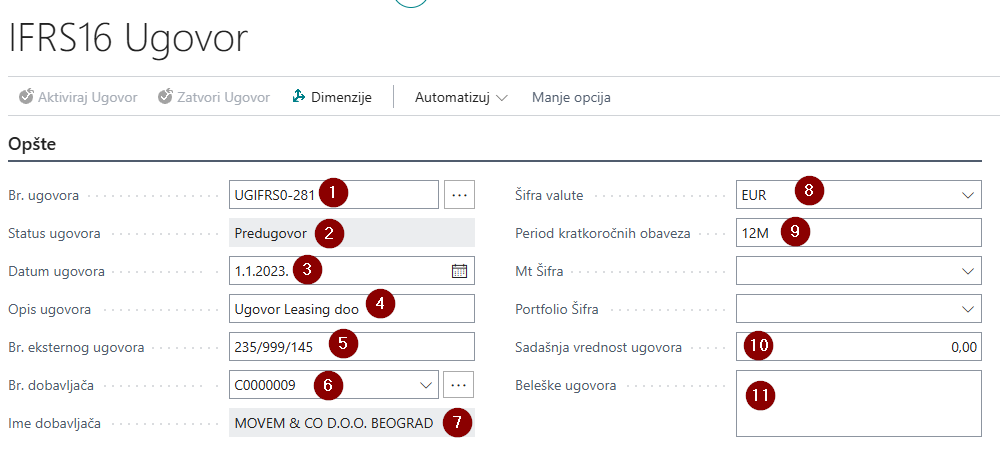 Zaglavlje ugovora sa poljima na tabu Opšte