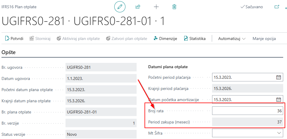 Tab Opšte u zaglavlju plana otplate