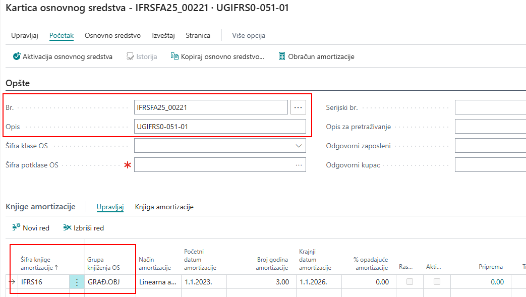 Kartica osnovnog sredstva sa datumima amortizacije
