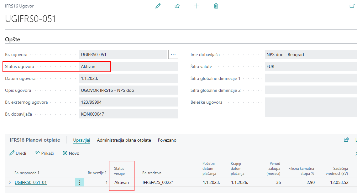 Ugovor u statusu Aktivan
