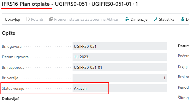 Status verzije plana otplate Aktivan
