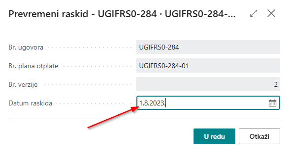 Poruka o grešci pri unosu neispravnog datuma prevremenog raskida u periodu koji je već proknjižen