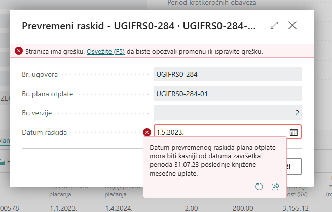 Plan otplate sa statusom Raskinut nakon knjiženja prevremenog raskida