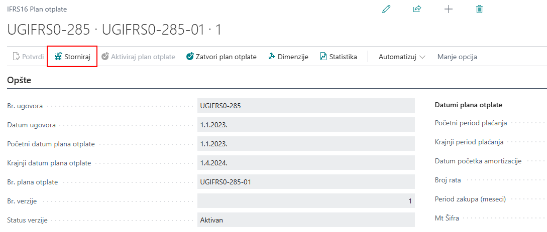 Akcija Storniraj u zaglavlju plana otplate
