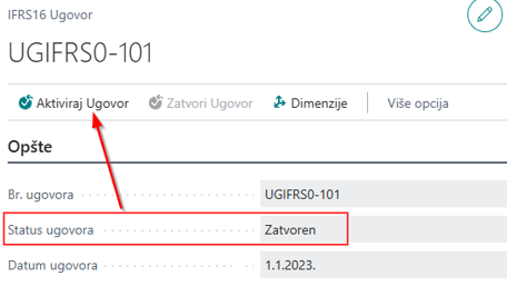 Zaglavlje ugovora sa akcijom Aktiviraj ugovor