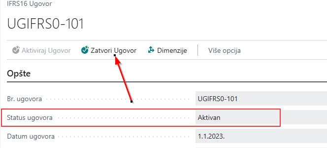 Zaglavlje ugovora sa akcijom Zatvori ugovor