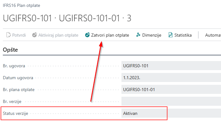 Zaglavlje plana otplate sa akcijama Aktiviraj plan otplate i Zatvori plan otplate