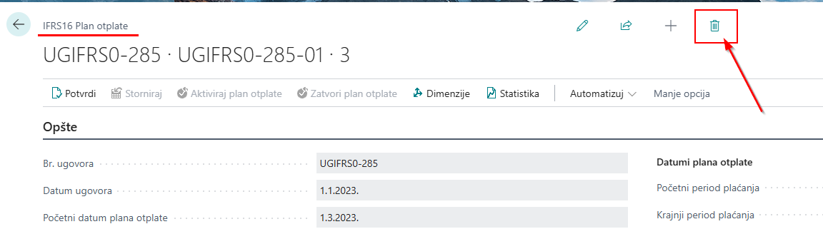 Ikonica Obriši iznad zaglavlja plana otplate sa potvrdom brisanja