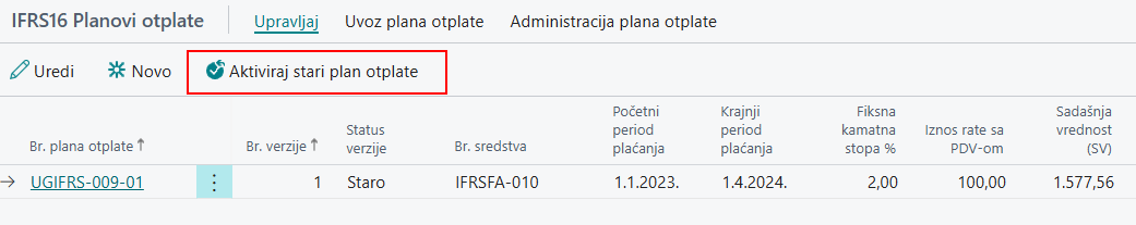 Redovi ugovora sa akcijom Aktiviraj stari plan otplate za poslednji plan otplate u statusu Staro
